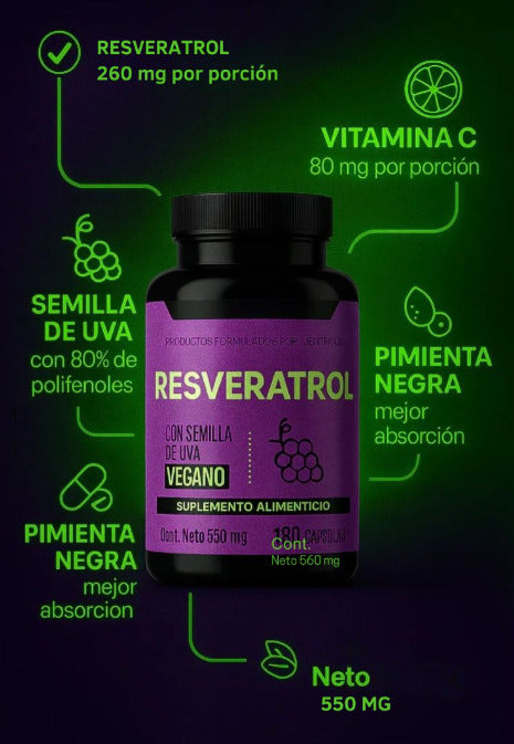 Resveratrol Premium Energía, Longevidad y Antienvejecimiento 🔥60% de Descuento🔥