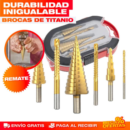 TITAN® JUEGO DE 6 BROCAS ESCALONADAS DE TITANIO PARA TRABAJOS RUDOS 🎁Compra 4 y lleva 2 brocas de regalo🎁