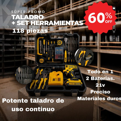 Kit Taladro Inalámbrico y Herramientas METAL PREMIUM® 118 Piezas 🔥Toda la potencia y herramientas en un solo kit🔥