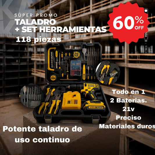Kit Taladro Inalámbrico y Herramientas METAL PREMIUM® 118 Piezas 🔥Toda la potencia y herramientas en un solo kit🔥