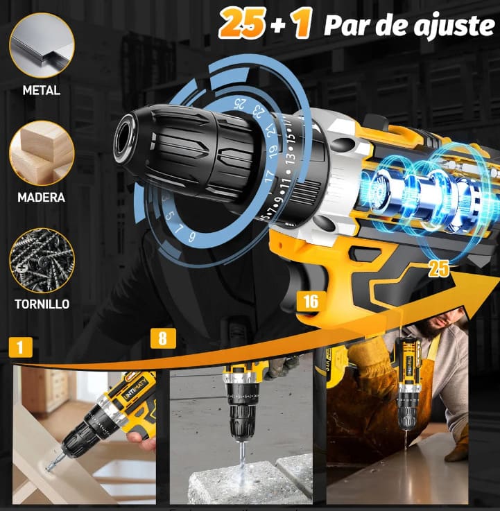 Kit Taladro Inalámbrico y Herramientas METAL PREMIUM® 118 Piezas 🔥Toda la potencia y herramientas en un solo kit🔥