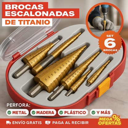 TITAN® JUEGO DE 6 BROCAS ESCALONADAS DE TITANIO PARA TRABAJOS RUDOS 🎁Compra 4 y lleva 2 brocas de regalo🎁