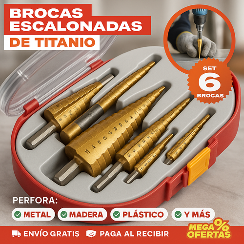 TITAN® JUEGO DE 6 BROCAS ESCALONADAS DE TITANIO PARA TRABAJOS RUDOS 🎁Compra 4 y lleva 2 brocas de regalo🎁