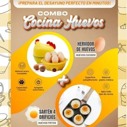 Combo Gallina huevera Hervidora + Sartén 4 compartimientos 🔥60% de Descuento🔥
