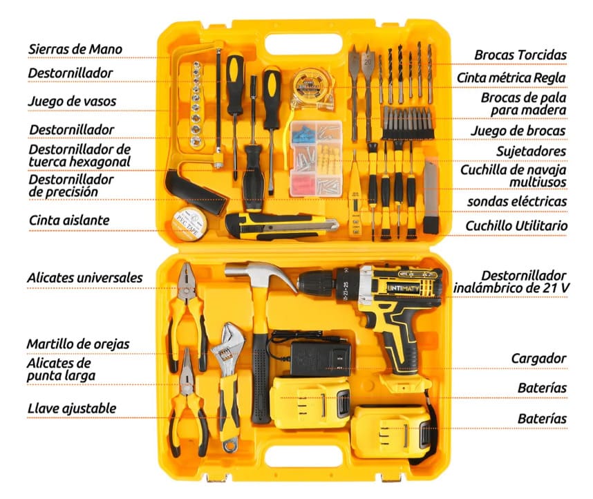 Kit Taladro Inalámbrico y Herramientas METAL PREMIUM® 118 Piezas 🔥Toda la potencia y herramientas en un solo kit🔥